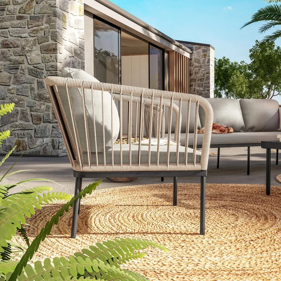 Set relax da giardino 5 posti in corda beige con cuscini grigio chiaro - Gamora