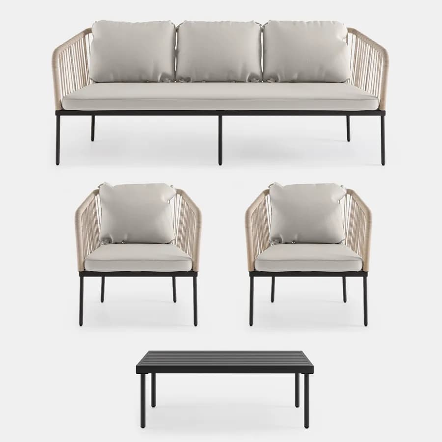 Set relax da giardino 5 posti in corda beige con cuscini grigio chiaro - Gamora