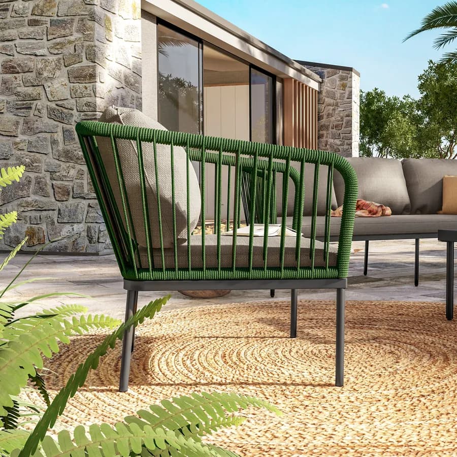 Set relax da giardino 5 posti in corda verde con cuscini tortora - Gamora