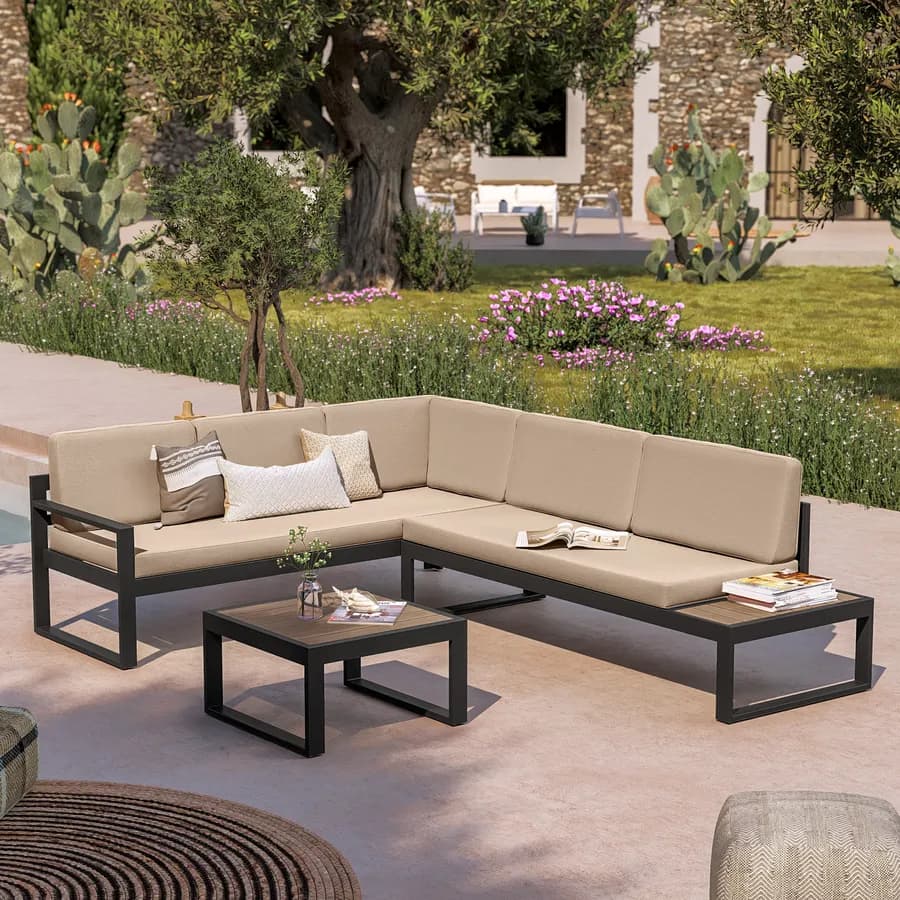 Set relax con divano angolare e tavolino in alluminio antracite con cuscini ecrù - Kavos