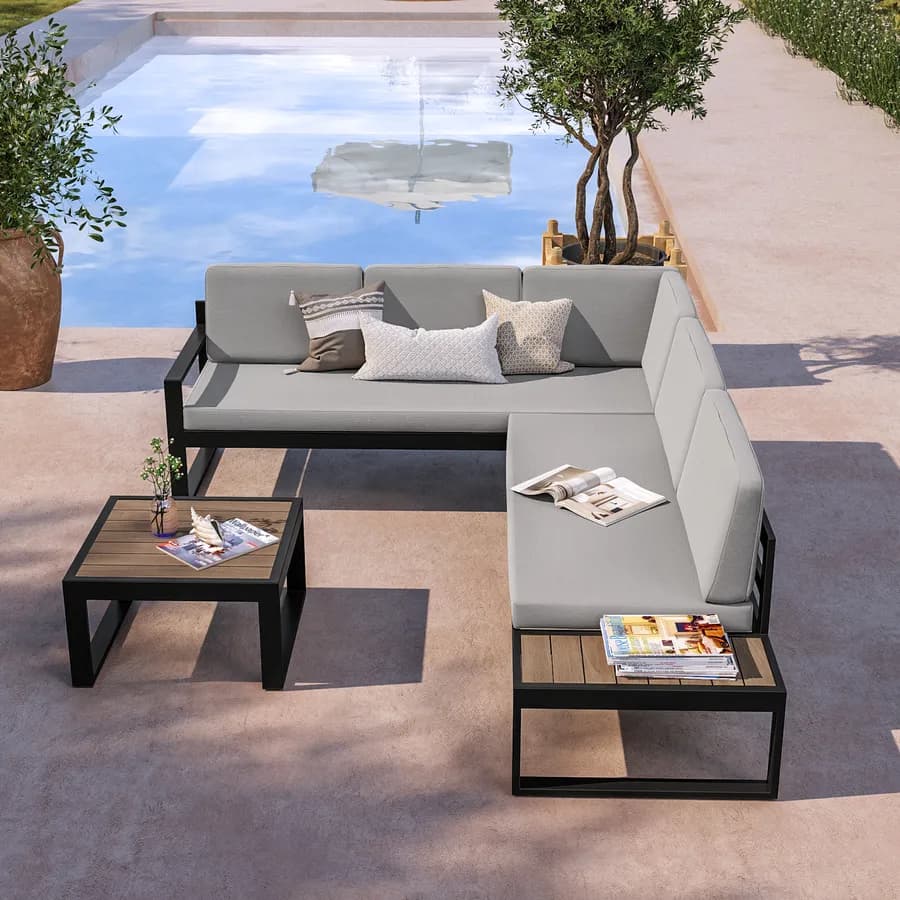 Set relax con divano angolare e tavolino in alluminio antracite con cuscini grigi - Kavos