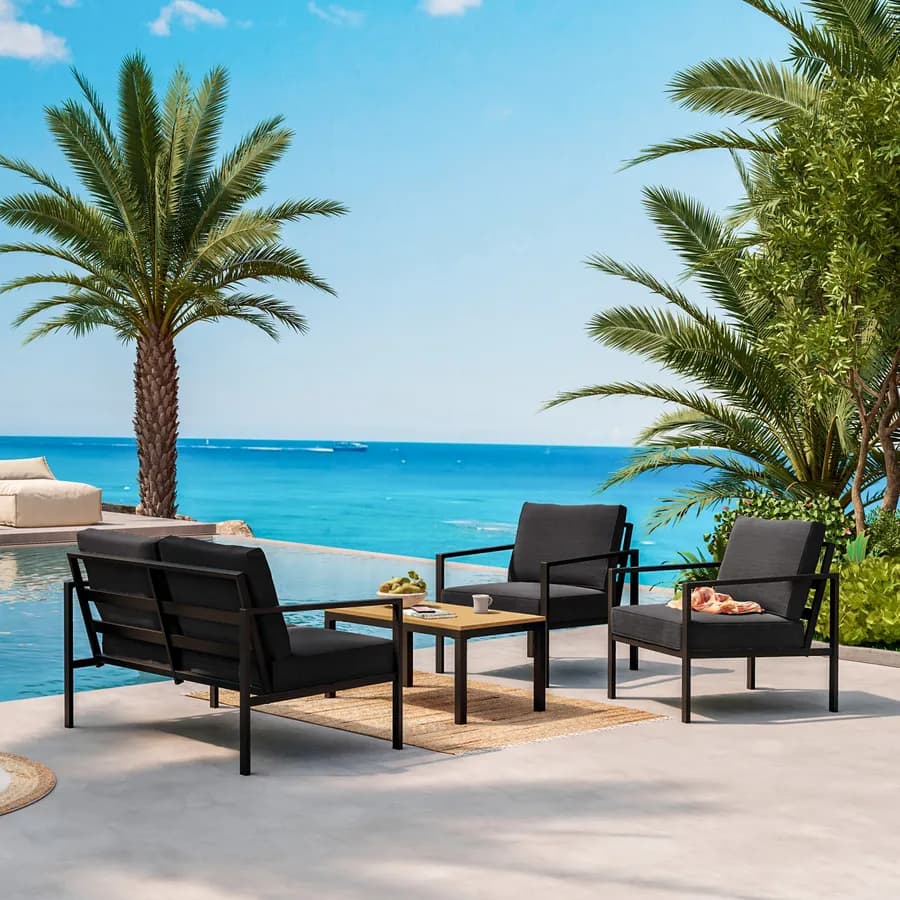 Set relax con divano due poltrone e tavolino in acciaio e cuscini nero - Evelyn