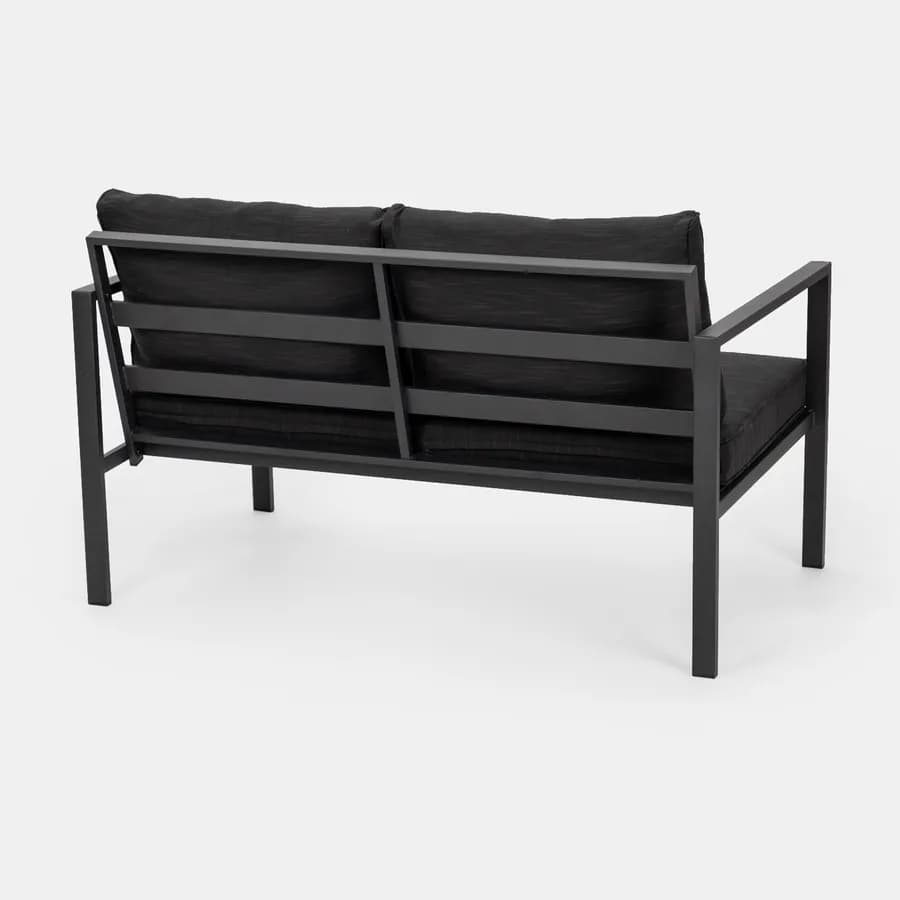 Set relax con divano due poltrone e tavolino in acciaio e cuscini nero - Evelyn