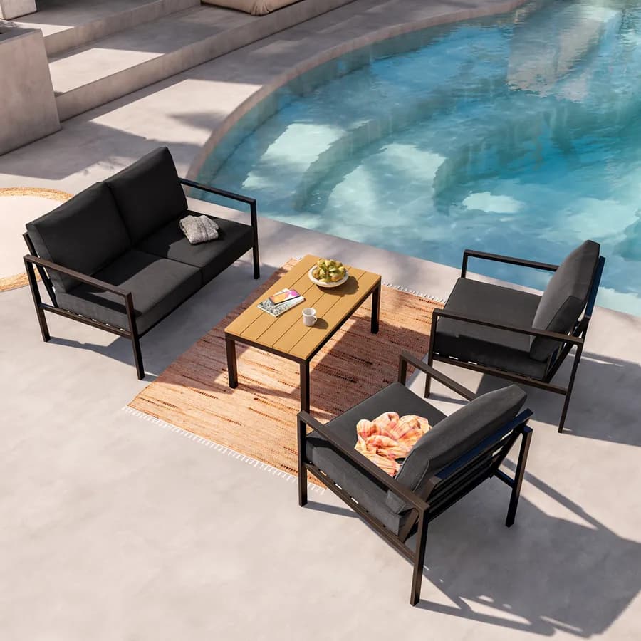 Set relax con divano due poltrone e tavolino in acciaio e cuscini nero - Evelyn