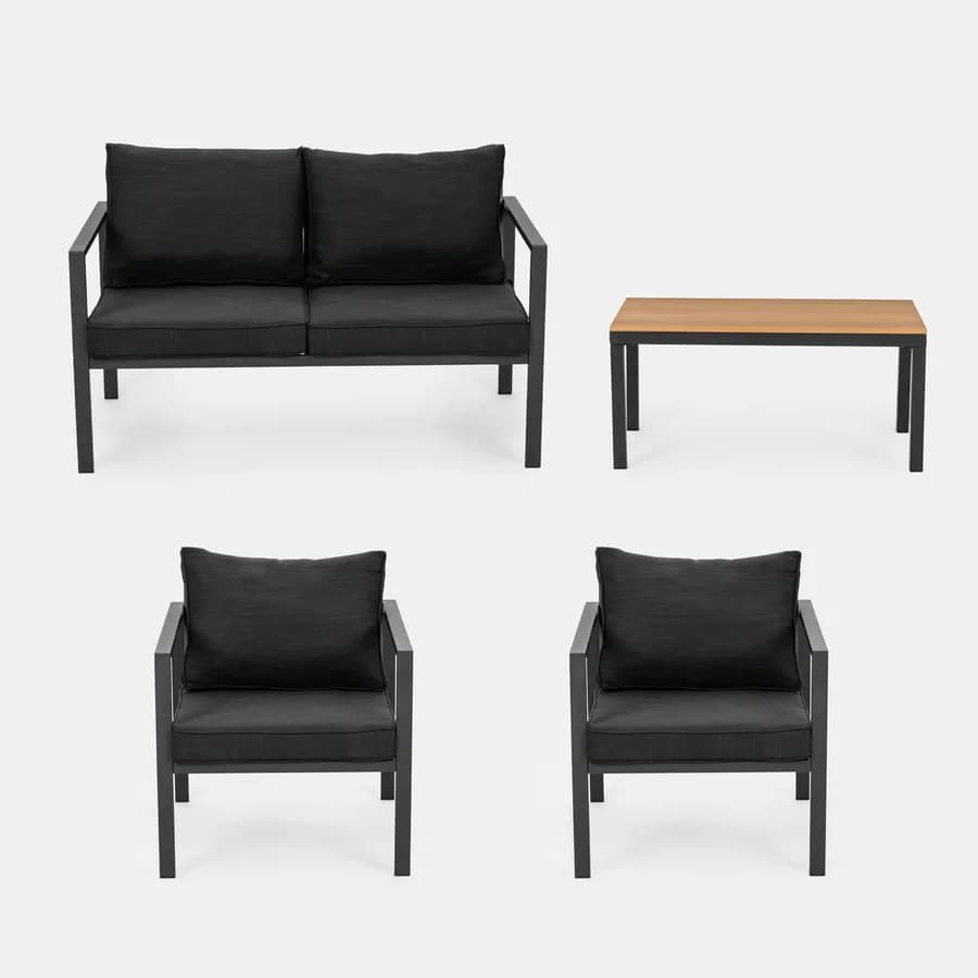 Set relax con divano due poltrone e tavolino in acciaio e cuscini nero - Evelyn
