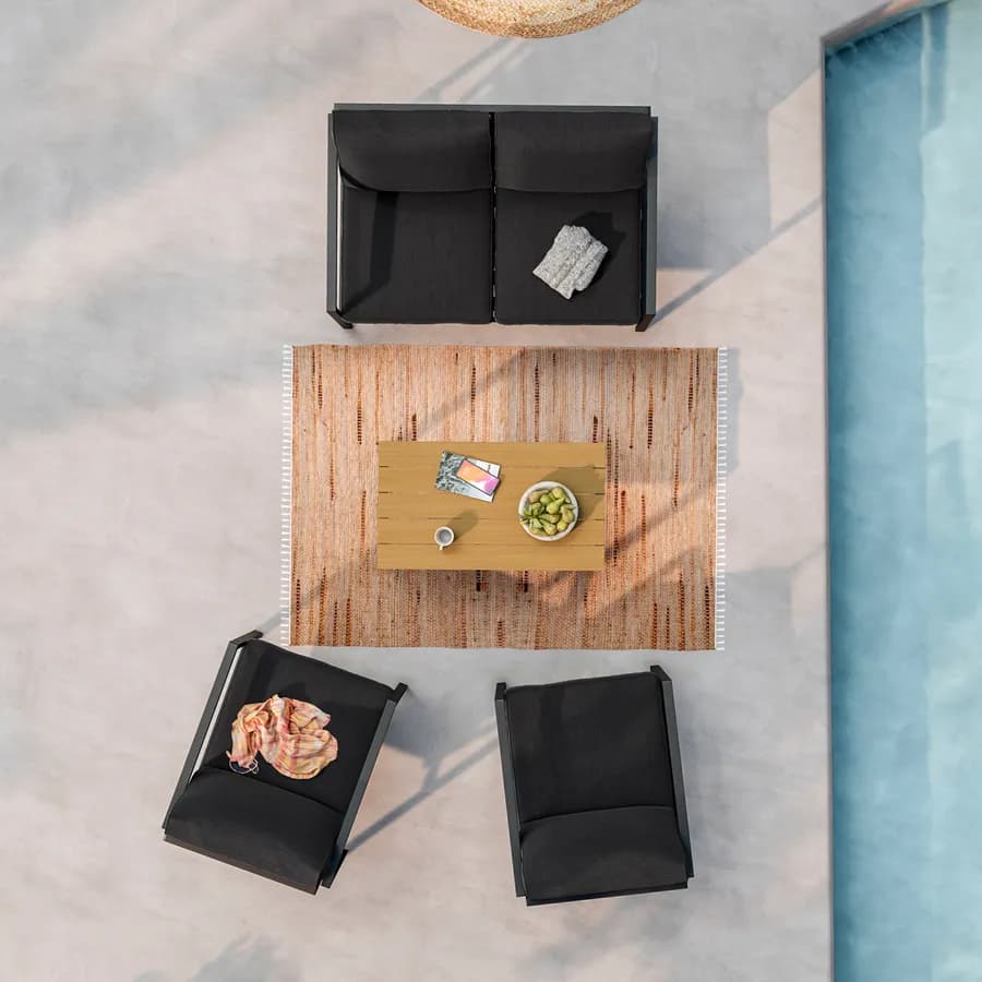 Set relax con divano due poltrone e tavolino in acciaio e cuscini nero - Evelyn
