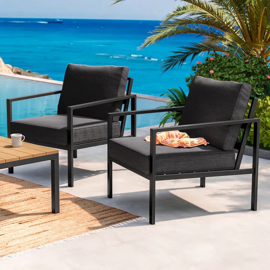 Set relax con divano due poltrone e tavolino in acciaio e cuscini nero - Evelyn