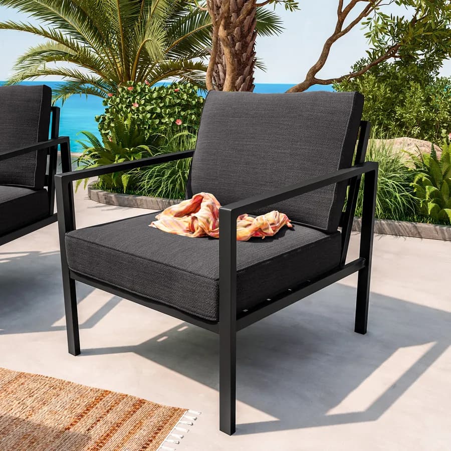 Set relax con divano due poltrone e tavolino in acciaio e cuscini nero - Evelyn