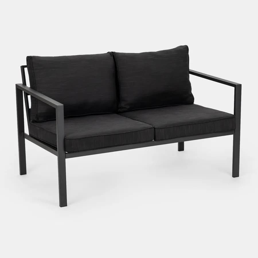 Set relax con divano due poltrone e tavolino in acciaio e cuscini nero - Evelyn