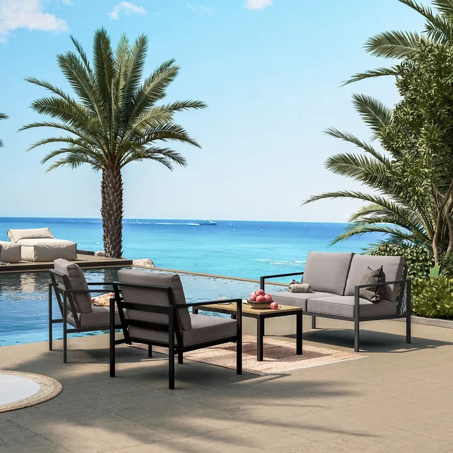 Set relax con divano due poltrone e tavolino in acciaio nero con cuscini grigi - Evelyn