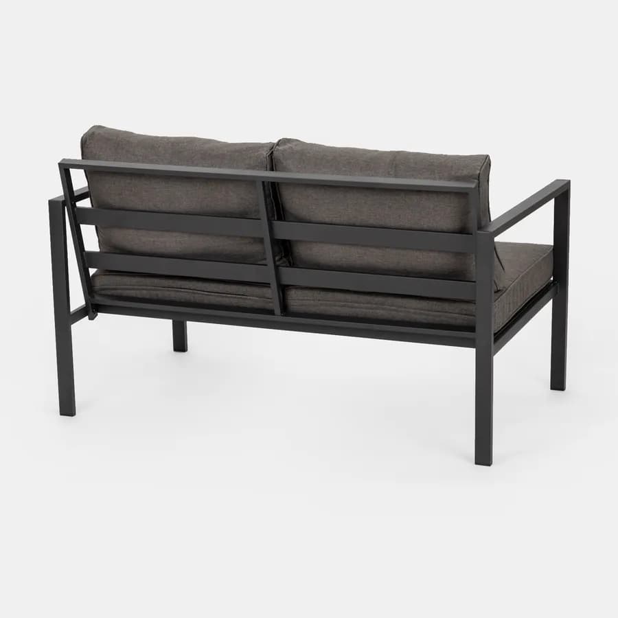 Set relax con divano due poltrone e tavolino in acciaio nero con cuscini grigi - Evelyn