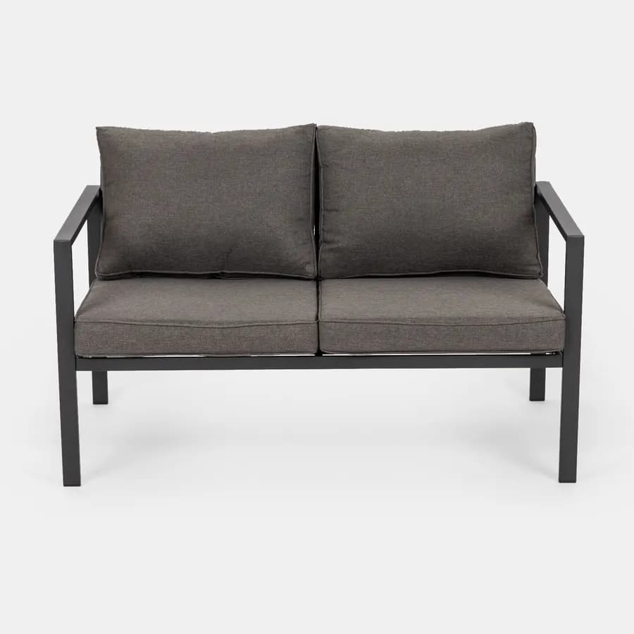 Set relax con divano due poltrone e tavolino in acciaio nero con cuscini grigi - Evelyn