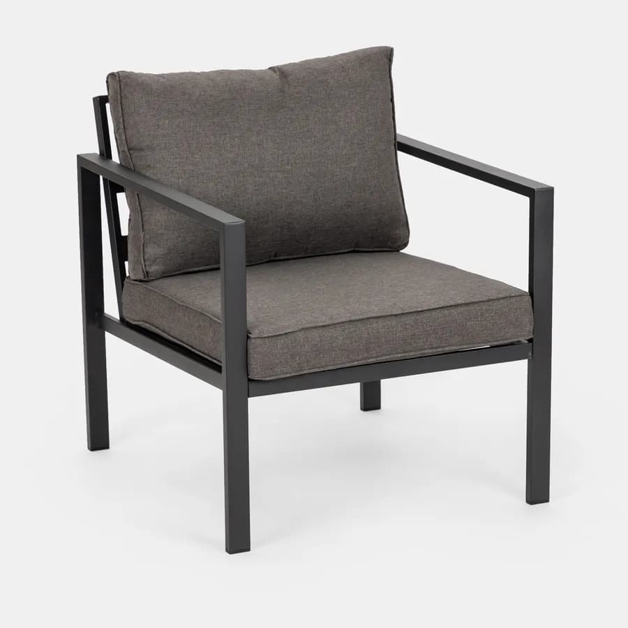 Set relax con divano due poltrone e tavolino in acciaio nero con cuscini grigi - Evelyn