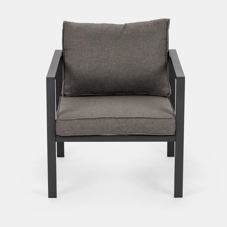 Set relax con divano due poltrone e tavolino in acciaio nero con cuscini grigi - Evelyn