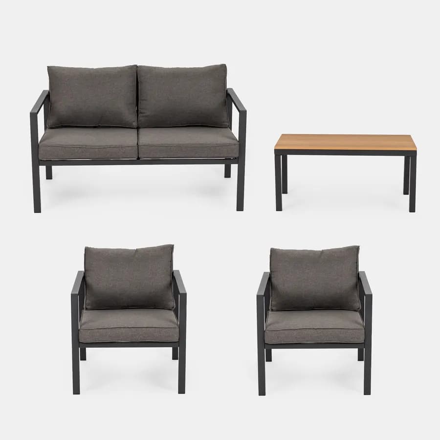 Set relax con divano due poltrone e tavolino in acciaio nero con cuscini grigi - Evelyn