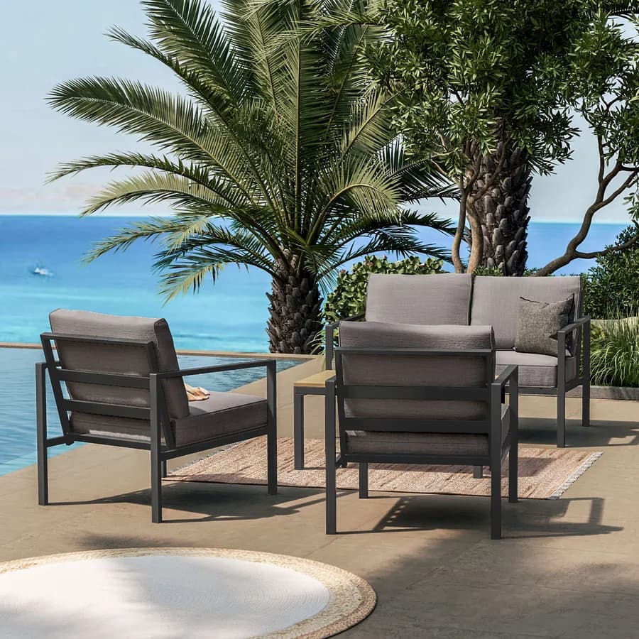 Set relax con divano due poltrone e tavolino in acciaio nero con cuscini grigi - Evelyn