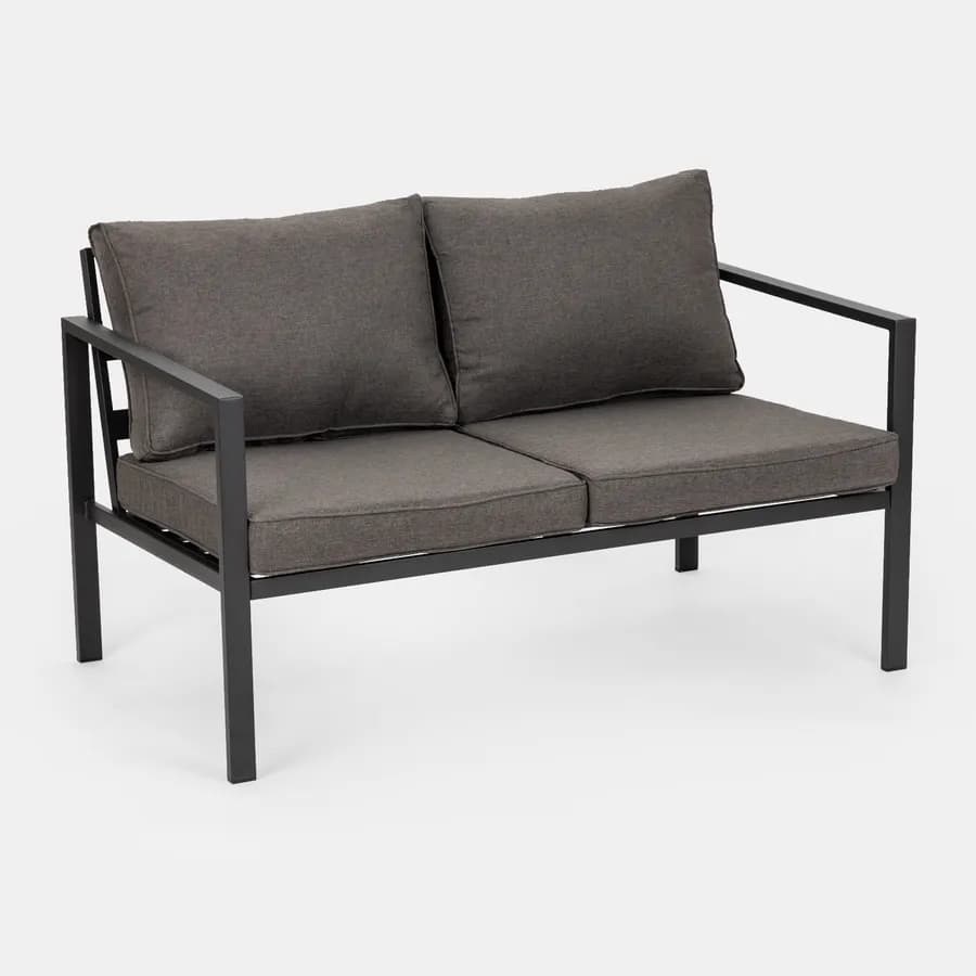 Set relax con divano due poltrone e tavolino in acciaio nero con cuscini grigi - Evelyn