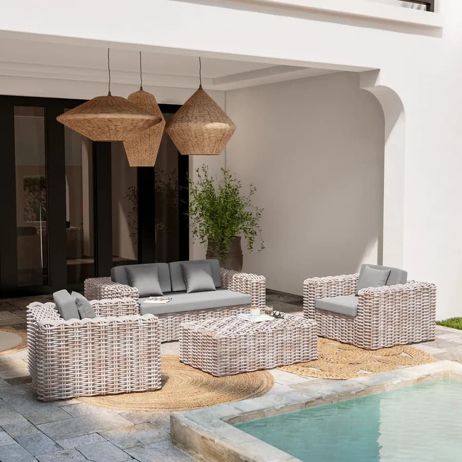 Set relax da esterno in rattan bianco con divano 2 poltrone e tavolino - Daril