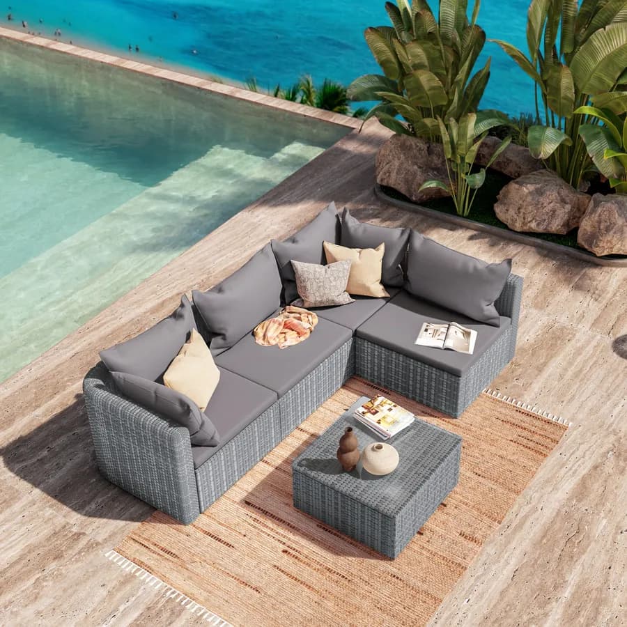 Set relax divano angolare con cuscini e tavolino da caffè in polyrattan grigio - Horizon