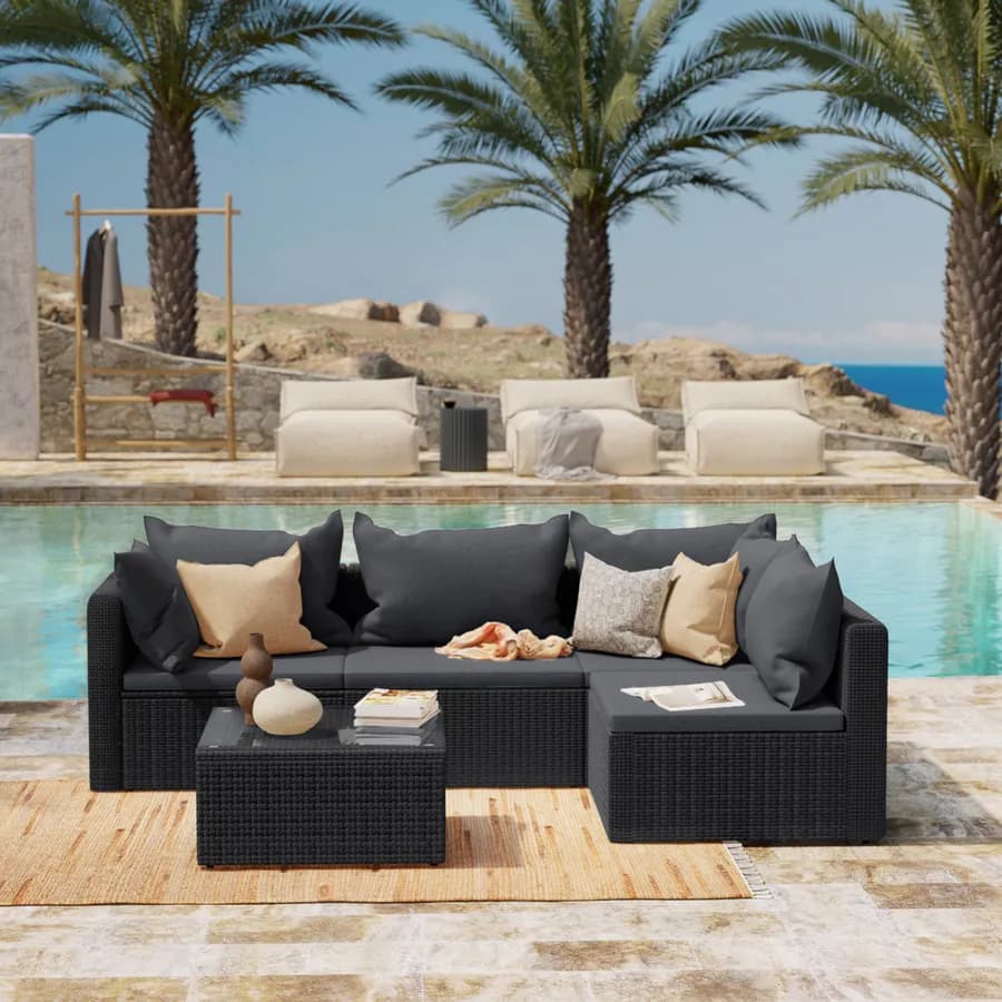 Set relax divano angolare con cuscini e tavolino da caffè in polyrattan nero - Horizon
