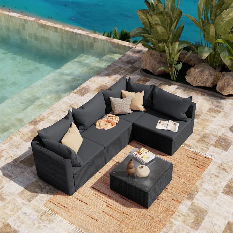 Set relax divano angolare con cuscini e tavolino da caffè in polyrattan nero - Horizon
