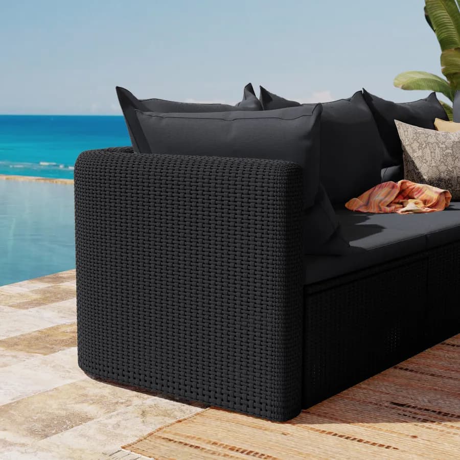 Set relax divano angolare con cuscini e tavolino da caffè in polyrattan nero - Horizon