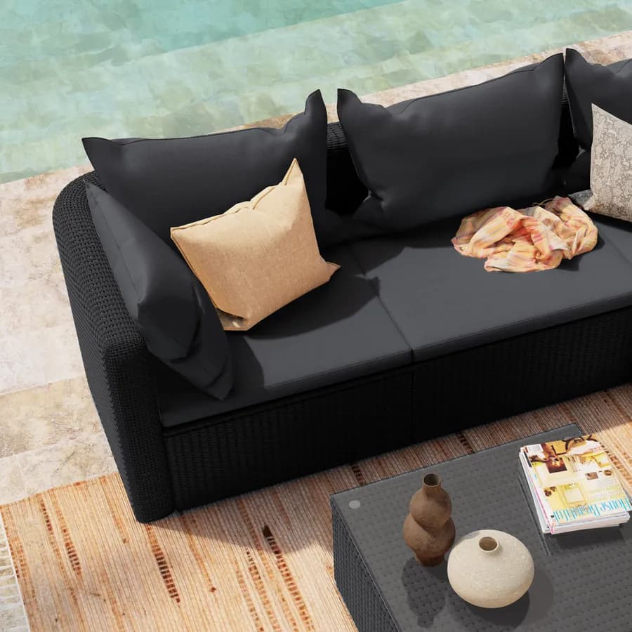 Set relax divano angolare con cuscini e tavolino da caffè in polyrattan nero - Horizon