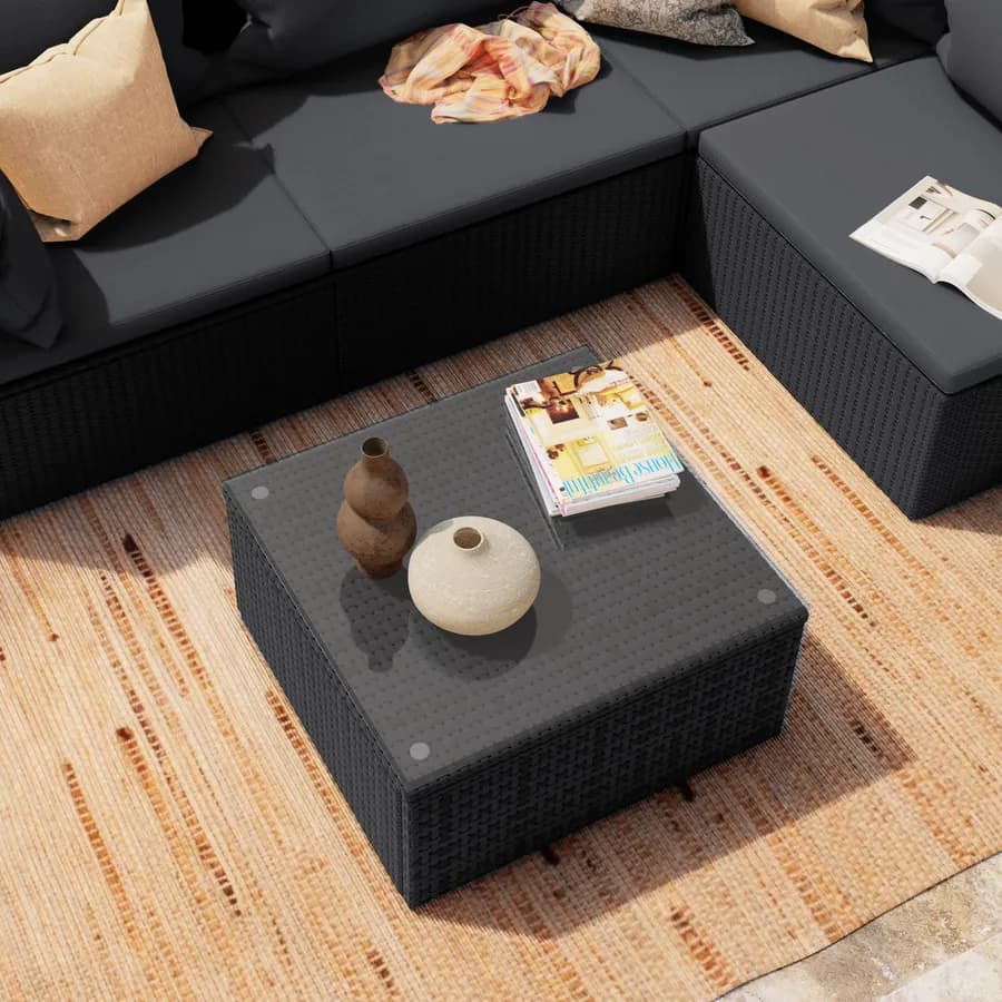 Set relax divano angolare con cuscini e tavolino da caffè in polyrattan nero - Horizon