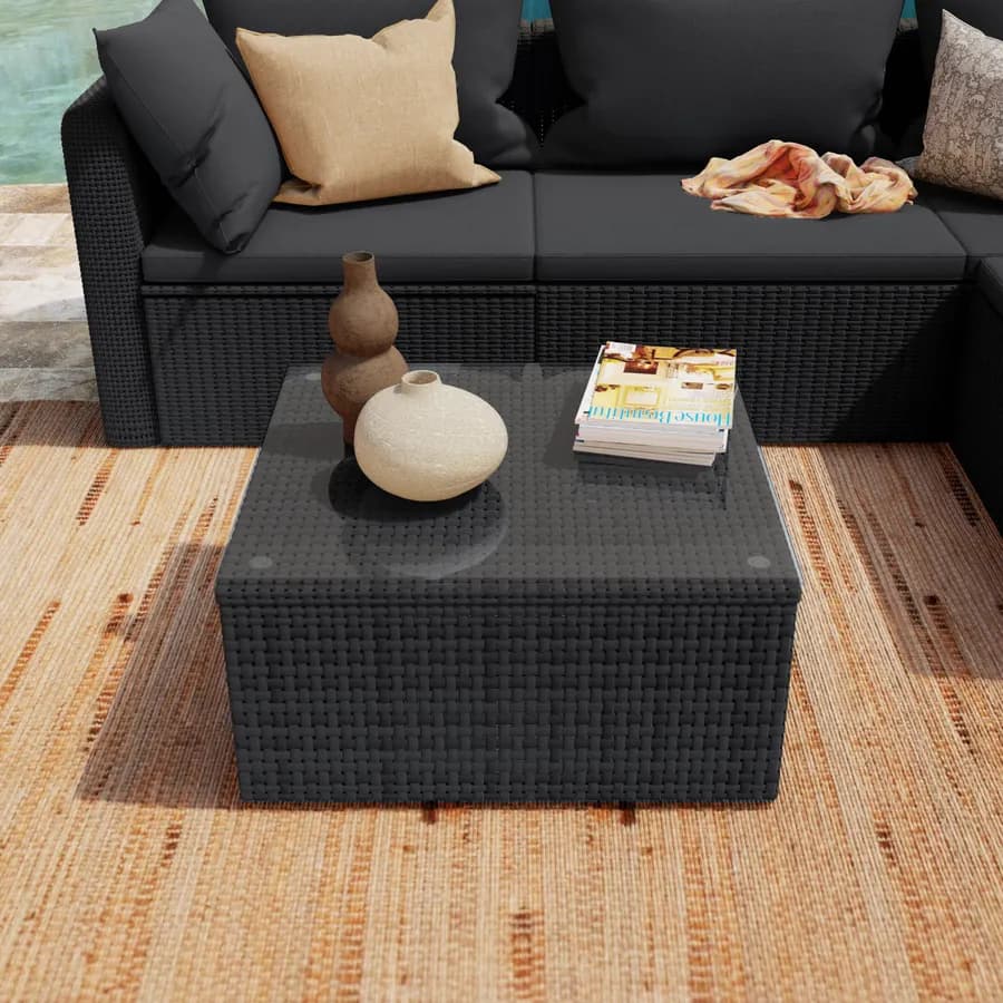 Set relax divano angolare con cuscini e tavolino da caffè in polyrattan nero - Horizon