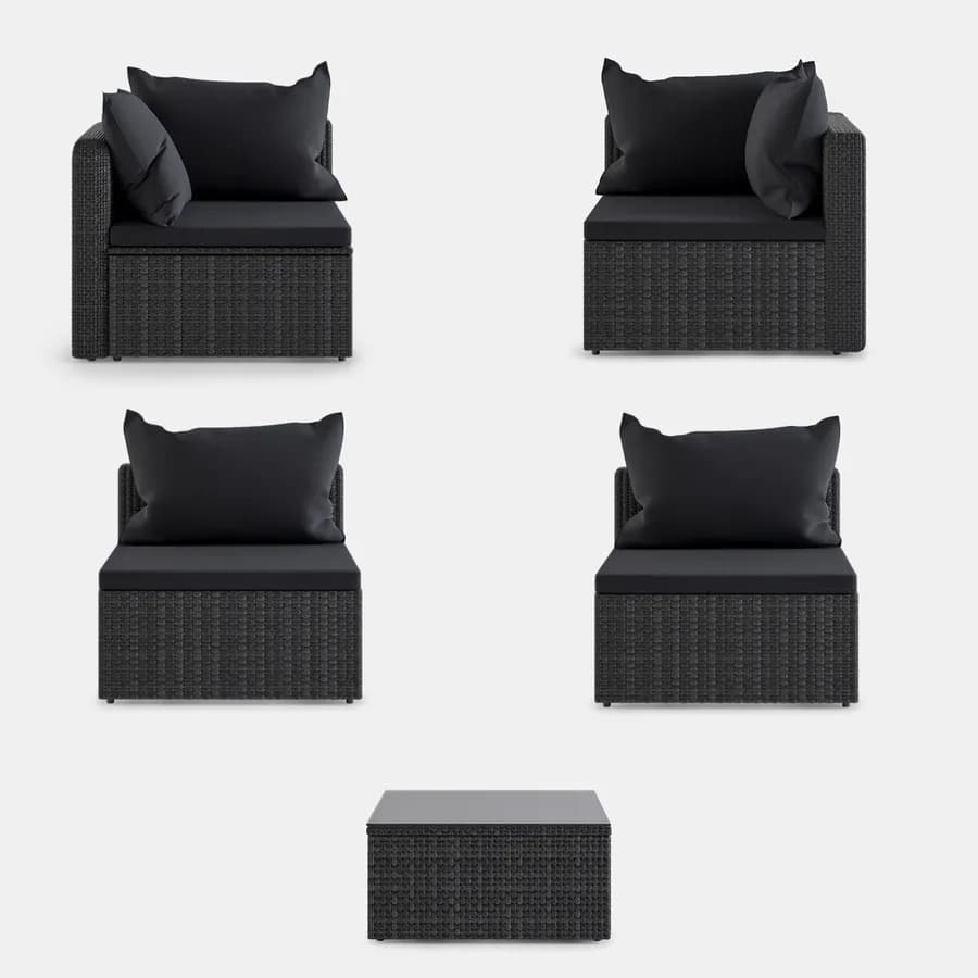 Set relax divano angolare con cuscini e tavolino da caffè in polyrattan nero - Horizon