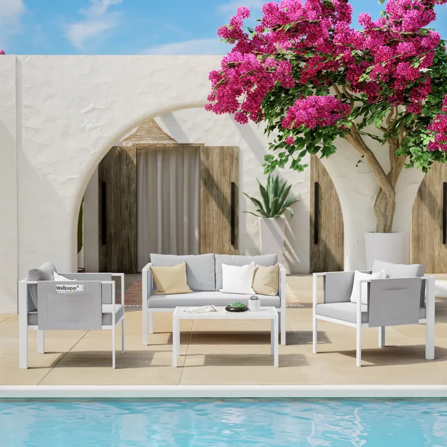 Set relax divano 2 poltrone e tavolino in metallo bianco con cuscini grigio chiaro - Tirrena