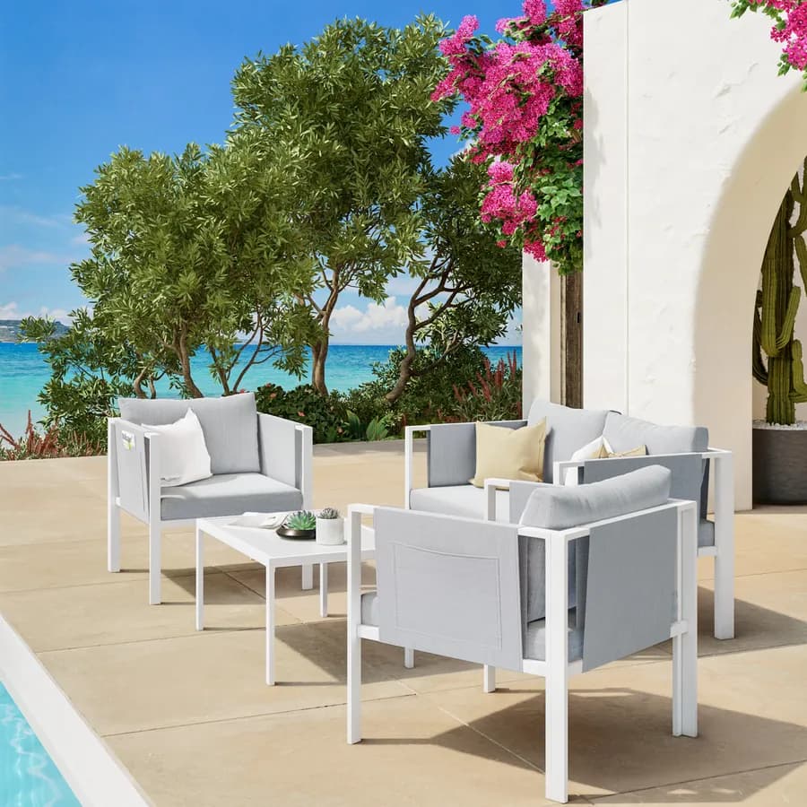 Set relax divano 2 poltrone e tavolino in metallo bianco con cuscini grigio chiaro - Tirrena