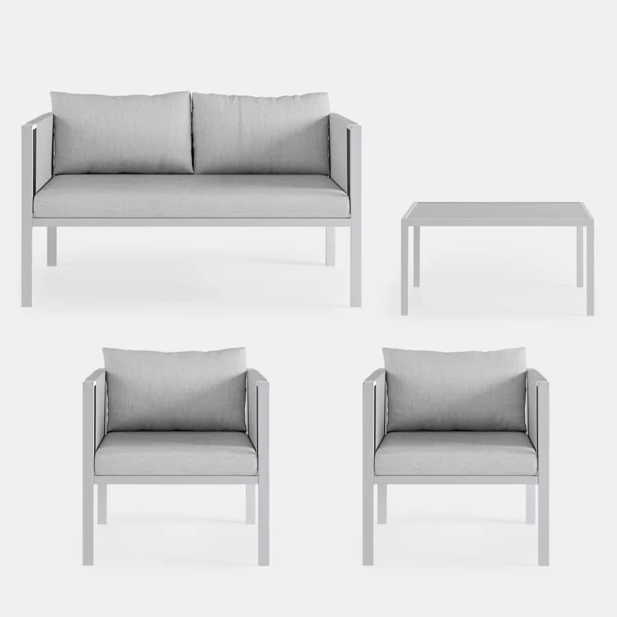 Set relax divano 2 poltrone e tavolino in metallo bianco con cuscini grigio chiaro - Tirrena