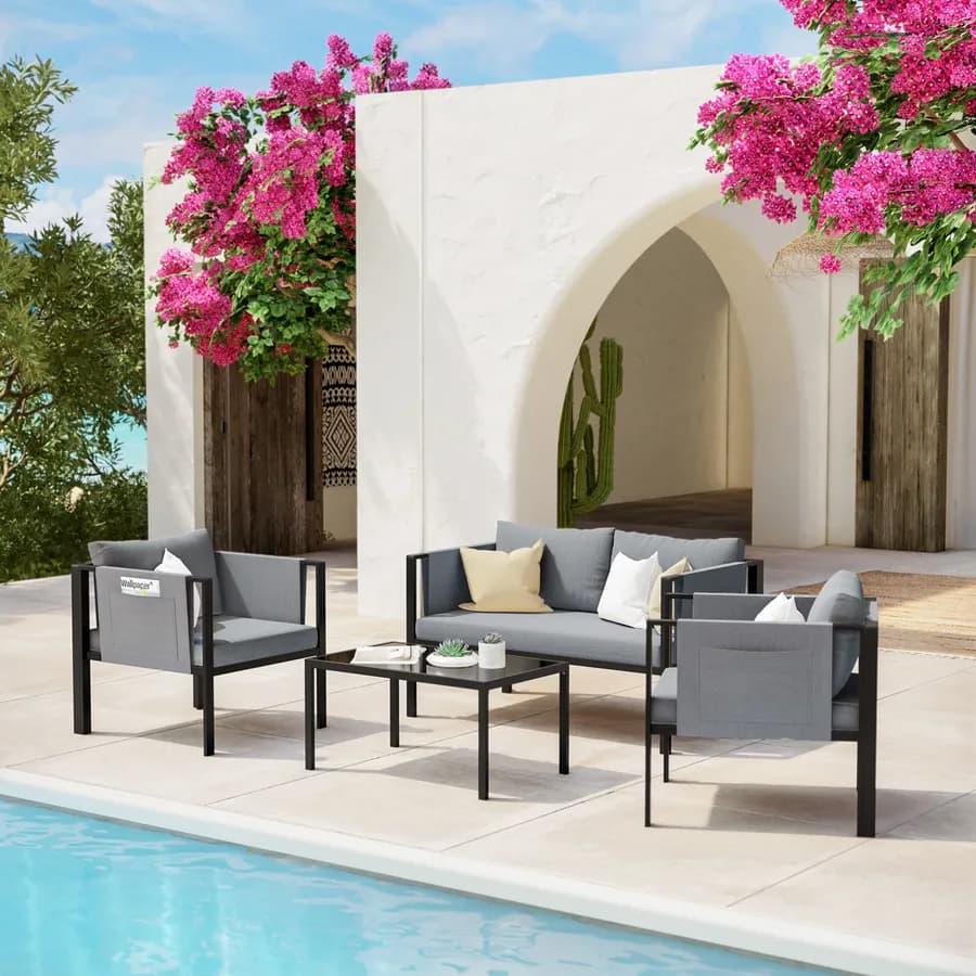 Set relax divano 2 poltrone e tavolino in acciaio nero con cuscini grigio scuro - Tirrena