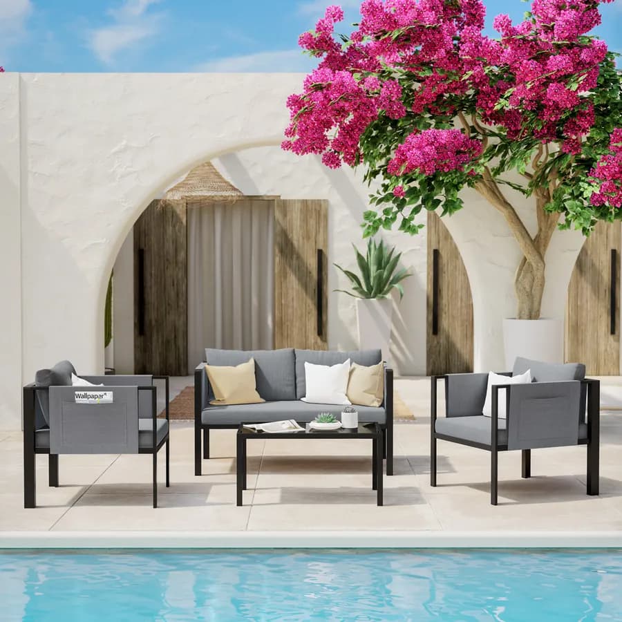 Set relax divano 2 poltrone e tavolino in acciaio nero con cuscini grigio scuro - Tirrena