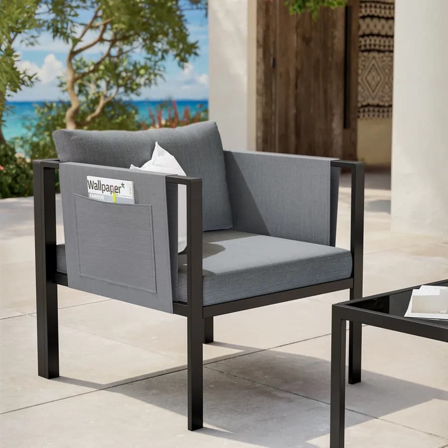 Set relax divano 2 poltrone e tavolino in acciaio nero con cuscini grigio scuro - Tirrena