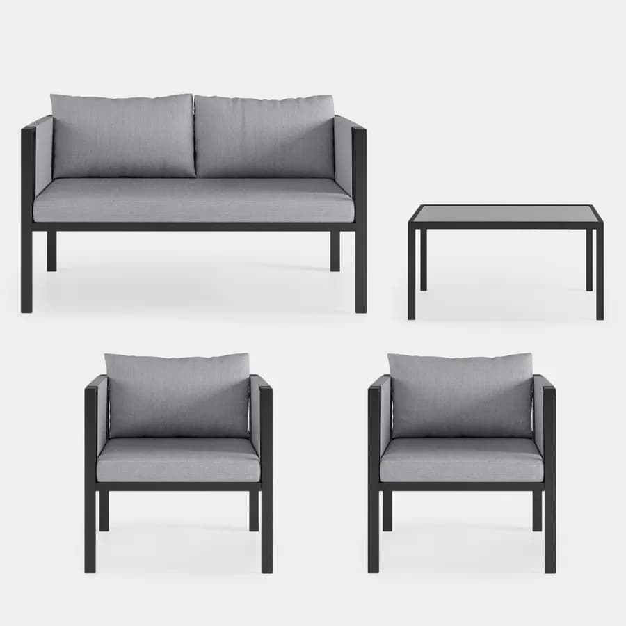 Set relax divano 2 poltrone e tavolino in acciaio nero con cuscini grigio scuro - Tirrena