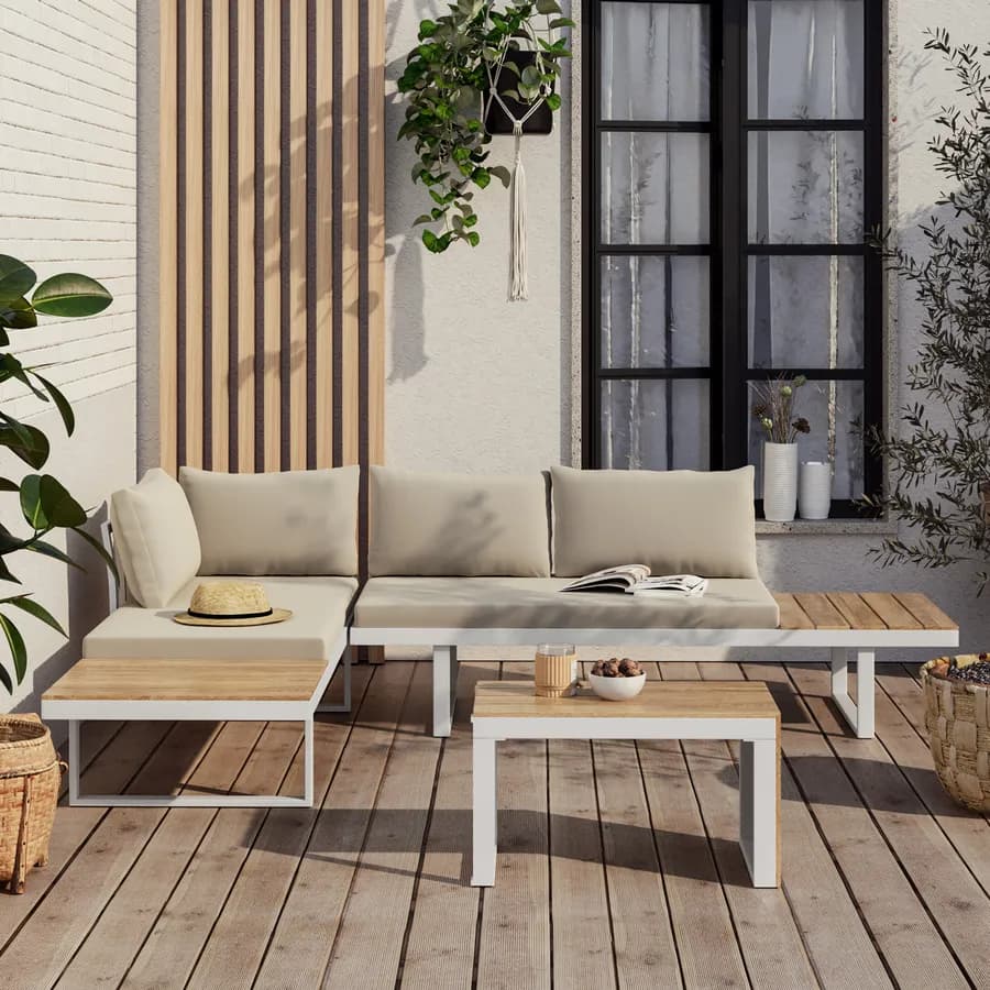 Set relax modulare in alluminio bianco e dettagli effetto legno con cuscini tortora - Scilla