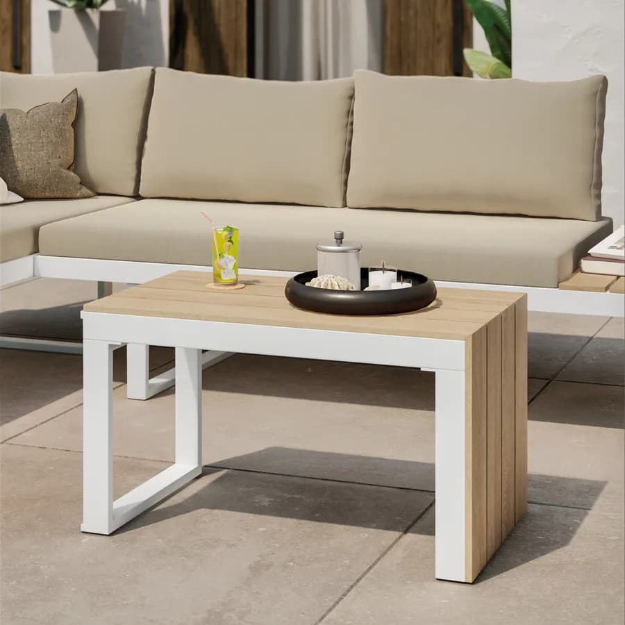 Set relax modulare in alluminio bianco e dettagli effetto legno con cuscini tortora - Scilla