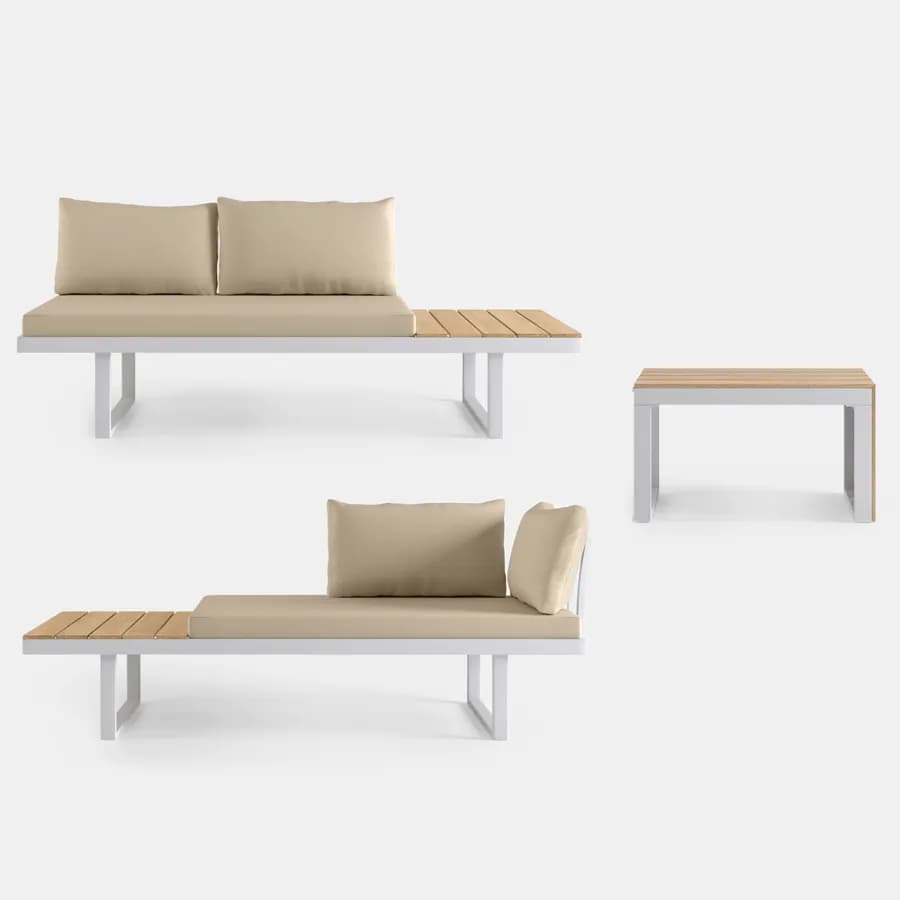 Set relax modulare in alluminio bianco e dettagli effetto legno con cuscini tortora - Scilla