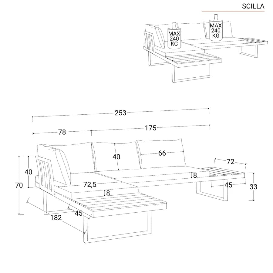 Set relax modulare in alluminio bianco e dettagli effetto legno con cuscini tortora - Scilla