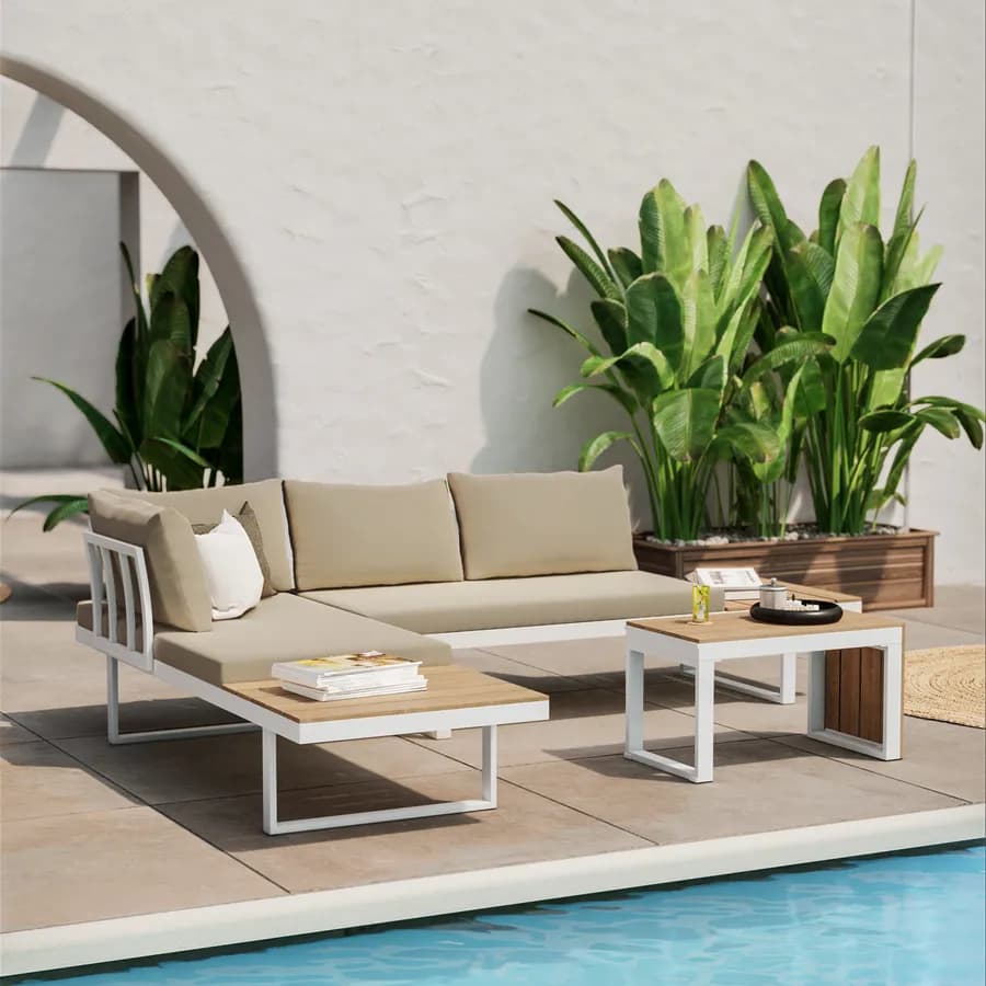 Set relax modulare in alluminio bianco e dettagli effetto legno con cuscini tortora - Scilla
