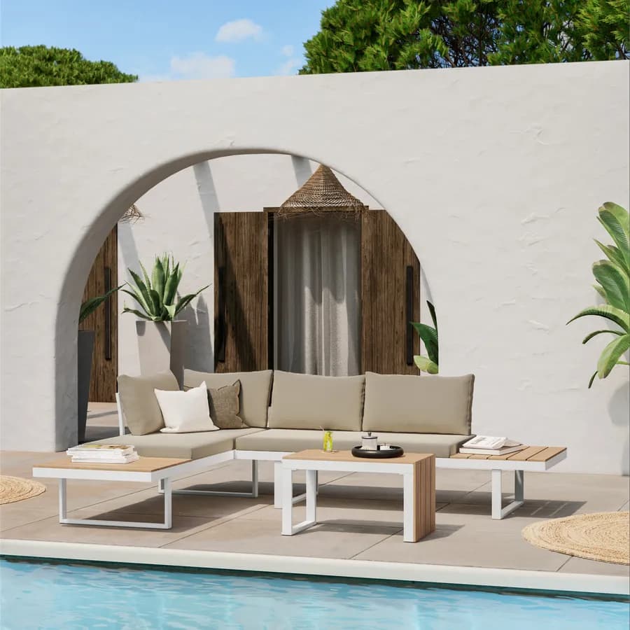 Set relax modulare in alluminio bianco e dettagli effetto legno con cuscini tortora - Scilla