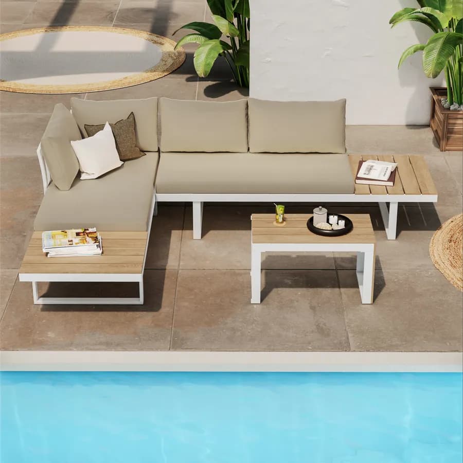 Set relax modulare in alluminio bianco e dettagli effetto legno con cuscini tortora - Scilla