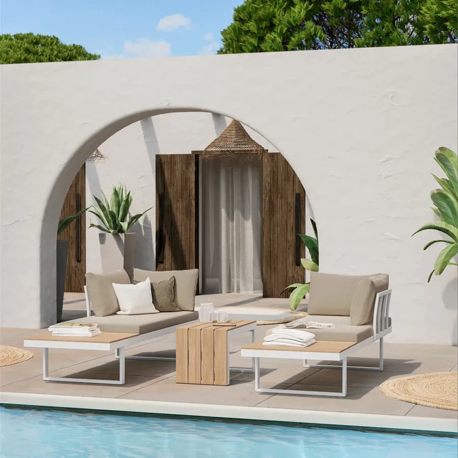 Set relax modulare in alluminio bianco e dettagli effetto legno con cuscini tortora - Scilla