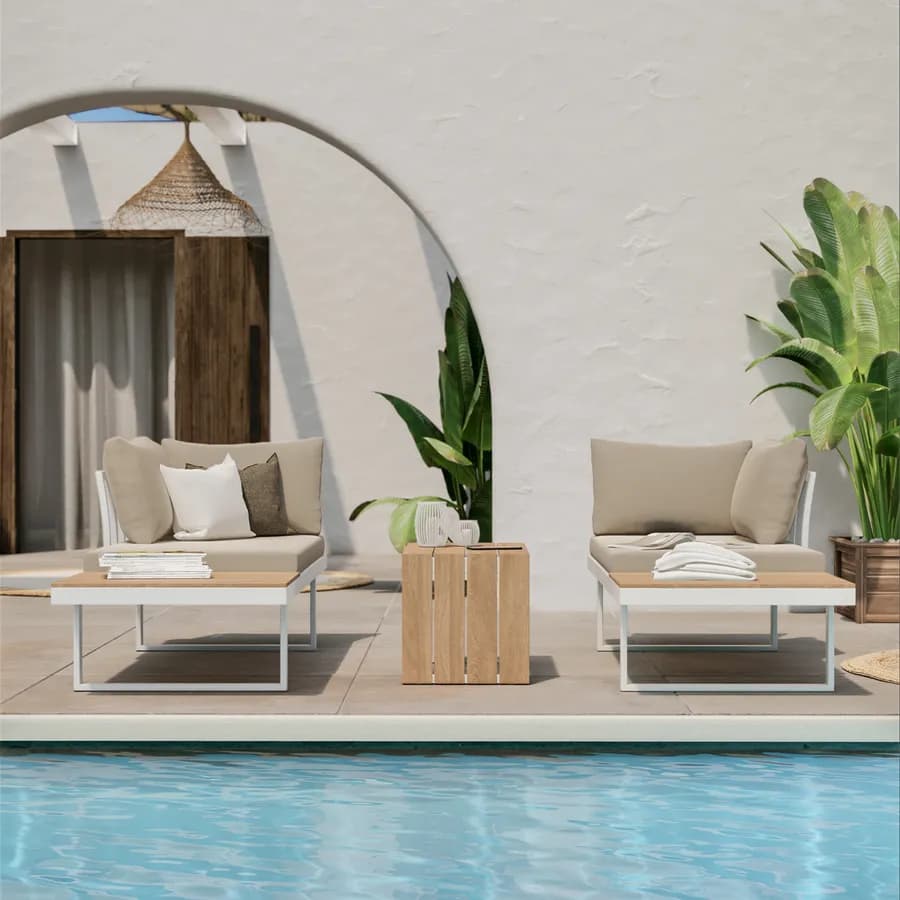 Set relax modulare in alluminio bianco e dettagli effetto legno con cuscini tortora - Scilla