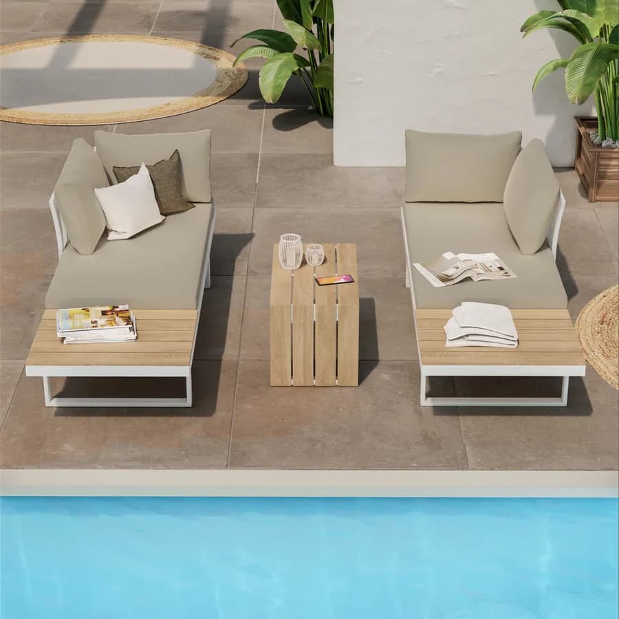 Set relax modulare in alluminio bianco e dettagli effetto legno con cuscini tortora - Scilla