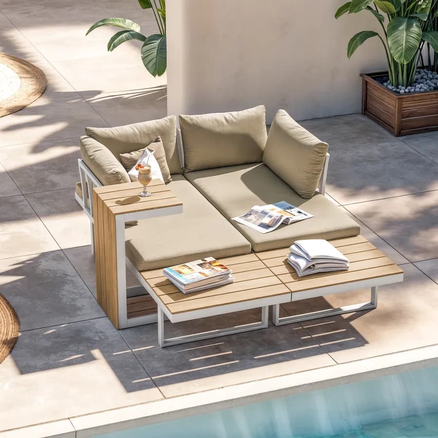 Set relax modulare in alluminio bianco e dettagli effetto legno con cuscini tortora - Scilla