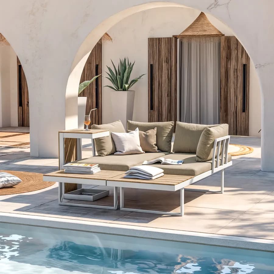 Set relax modulare in alluminio bianco e dettagli effetto legno con cuscini tortora - Scilla