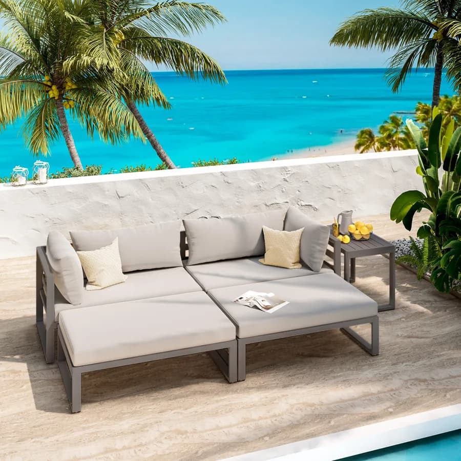 Set relax da giardino modulare in alluminio tortora con cuscini tortora chiaro - Gioza